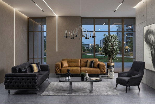 Conjunto de sofás Chesterfield Chesterfield Sofá 431 plazas de cuero artificial Sofás Negros