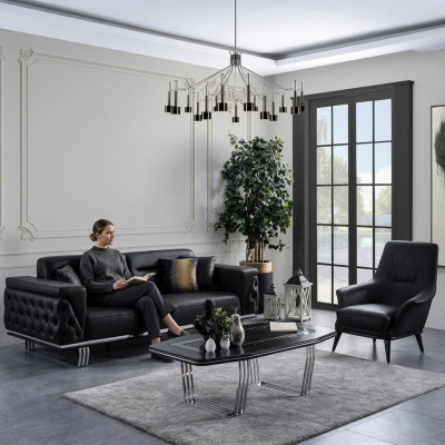 Conjunto de sofás completo, sofá de 41 asientos, sillón de imitación cuero negro, set de 2 piezas.