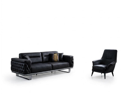 Conjunto de sofás completo, sofá de 41 asientos, sillón de imitación cuero negro, set de 2 piezas.