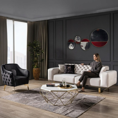 Conjunto de sofás Chesterfield, sofá de 3 plazas, sillón, tela de lujo blanco.