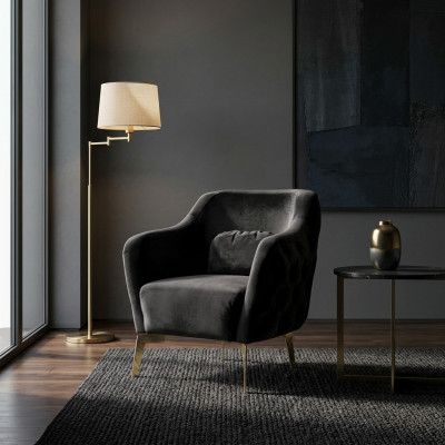 Sillón Chesterfield de tela de poliéster negro para la sala de estar.