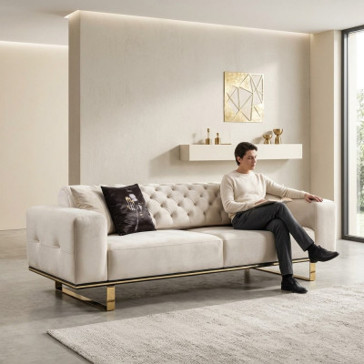 Sofá Chesterfield de tres plazas 3 plazas Sofás Blanco Tela Sala de estar de lujo