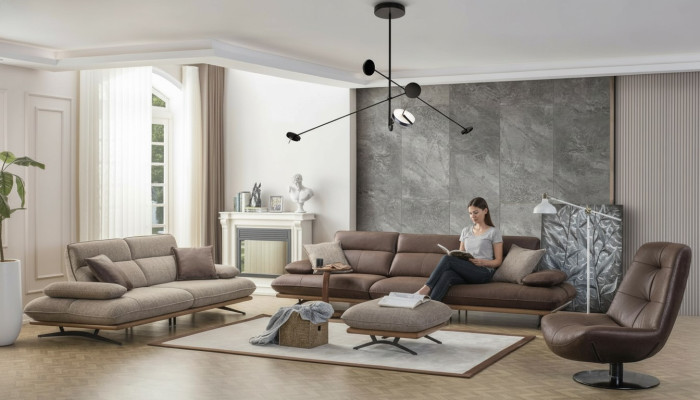 Conjunto de sofá sofá 4+3+1 sillón grupo de imitación de cuero de lujo marrón