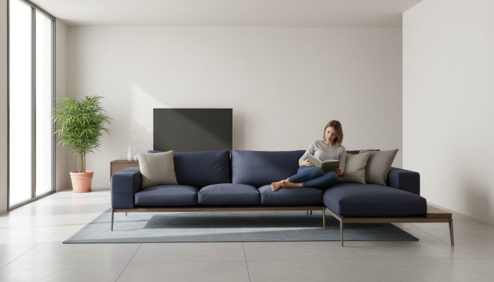 Sofá esquinero en forma de L gris moderno de tela para sala de estar.