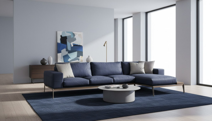 Sofá esquinero en forma de L gris moderno de tela para sala de estar.