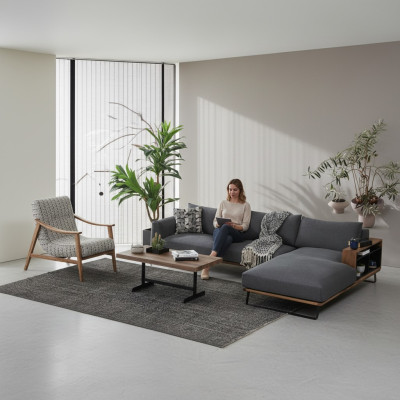 Sofá esquinero en forma de L gris moderno de diseño de tela de poliéster para la sala de estar.