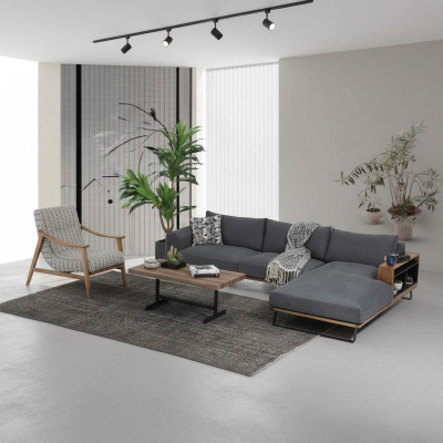 Sofá esquinero en forma de L gris moderno de diseño de tela de poliéster para la sala de estar.