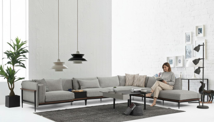 Sofá de esquina en forma de L Gris Sofá moderno de diseño de tela de poliéster para la sala de estar XXL
