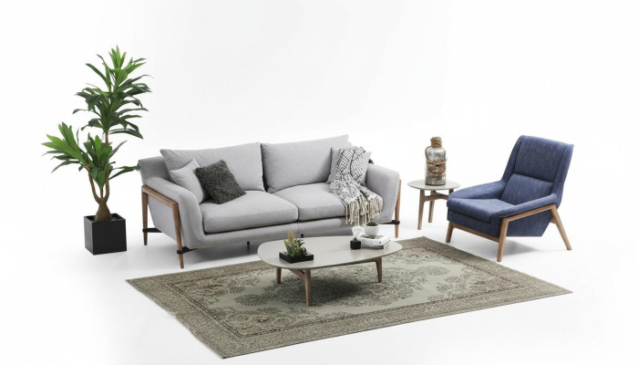 Sofá de 4 plazas de tela de diseño moderno en color gris.