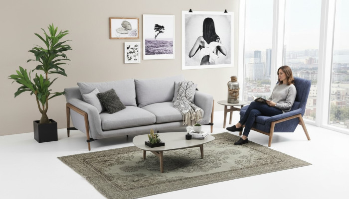 Conjunto de sofás de 2 plazas y sillón de dos plazas en tela, diseño moderno, color gris.