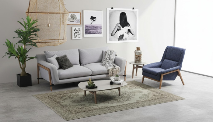 Conjunto de sofás de 2 plazas y sillón de dos plazas en tela, diseño moderno, color gris.