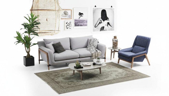 Conjunto de sofás de 2 plazas y sillón de dos plazas en tela, diseño moderno, color gris.