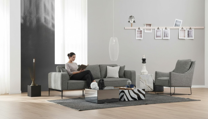 Conjunto de sofás de 2 plazas con diseño moderno de tela gris.