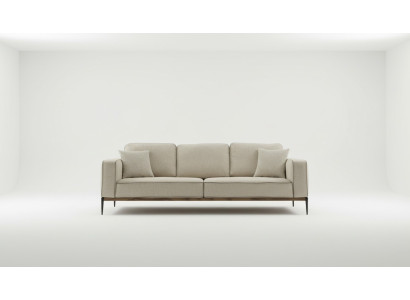 Sofá de tres plazas de tela de diseño moderno para sala de estar en color beige.