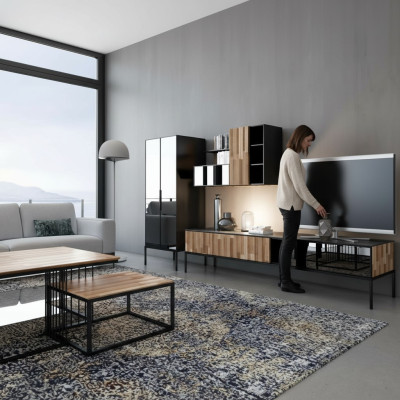Mueble de salón soporte de TV RTV tablero bajo vitrina madera moderna marrón sala de estar