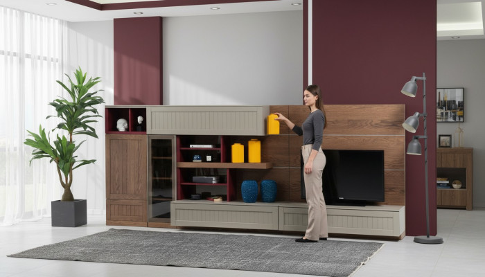 Mueble de pared para televisión soporte de TV RTV mesa baja vitrina de madera moderna color marrón sala de estar