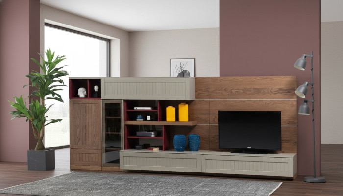 Mueble de pared para televisión soporte de TV RTV mesa baja vitrina de madera moderna color marrón sala de estar