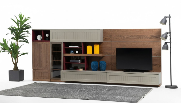 Mueble de pared para televisión soporte de TV RTV mesa baja vitrina de madera moderna color marrón sala de estar
