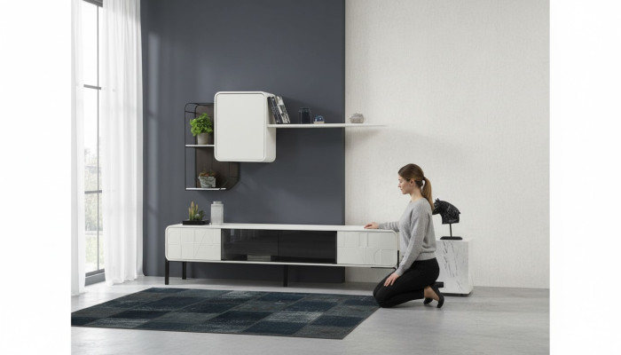 Conjunto de muebles de salón RTV Lowboard estante de TV armario de madera moderno blanco.