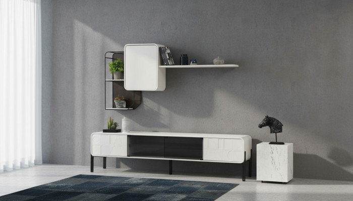 Conjunto de muebles de salón RTV Lowboard estante de TV armario de madera moderno blanco.