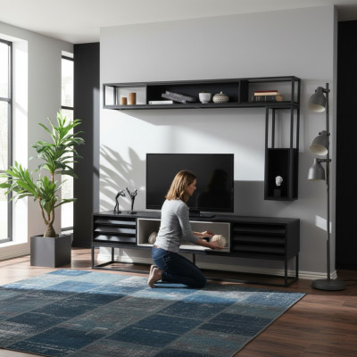 Mueble de TV RTV, estante bajo, estanterías, juego de soporte para TV de madera moderno diseño negro.