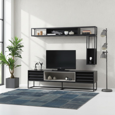 Mueble de TV RTV, estante bajo, estanterías, juego de soporte para TV de madera moderno diseño negro.