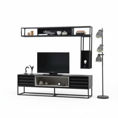Mueble de TV RTV, estante bajo, estanterías, juego de soporte para TV de madera moderno diseño negro.