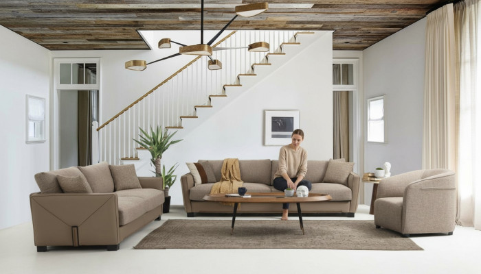 Conjunto moderno de sofá 3 plazas sillón sofá de 3 plazas moderno tela beige Juego de 3 piezas
