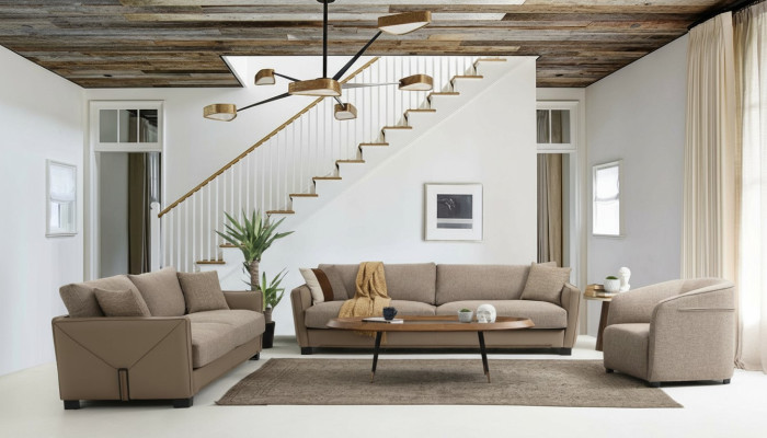 Conjunto moderno de sofá 3 plazas sillón sofá de 3 plazas moderno tela beige Juego de 3 piezas