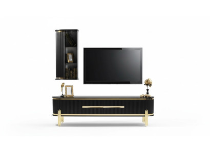 Moderno mueble bajo de lujo para TV, mueble para sala de estar en negro y dorado.