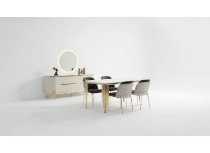 Conjunto de comedor de lujo mesa de comedor sillas set de 6 piezas oro blanco.