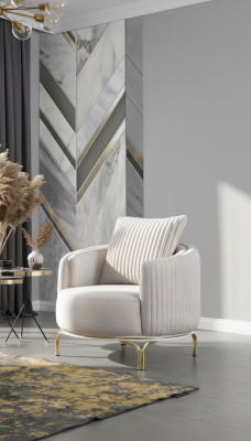 Sillón de lujo de una plaza blanco, mueble de salón de poliéster, mueble de acero inoxidable.