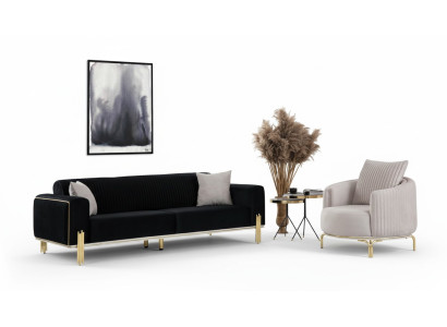 Moderno conjunto de sofás tapizados de tres plazas con sillones, juego de 2 piezas de acero inoxidable.