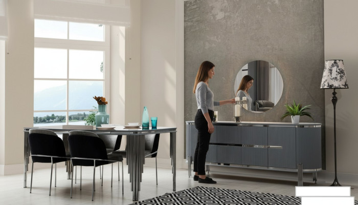 Mesa de comedor gris Grupo de lujo para la cena Sillas de comedor Credenza de 6 piezas