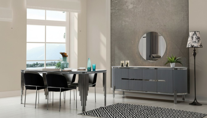 Mesa de comedor gris Grupo de lujo para la cena Sillas de comedor Credenza de 6 piezas