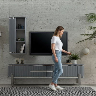 Soporte de TV RTV, estante bajo, estantes, cómoda, mesa moderna gris de lujo nueva.