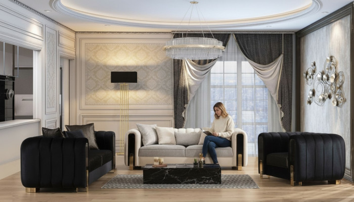Conjunto de sofás moderno 2x sofás de tres plazas + sillón muebles tapizados muebles de acero inoxidable de 3 piezas