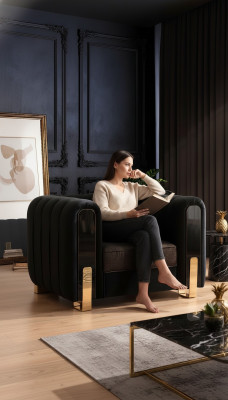 Sillón negro orejero de diseño de lujo para sala de estar, moderno de una plaza.