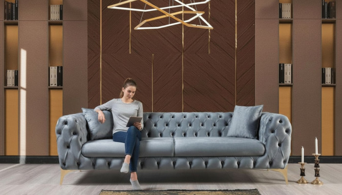 Moderno sofá de tres plazas Chesterfield mueble de acero inoxidable poliéster muebles de sala de estar