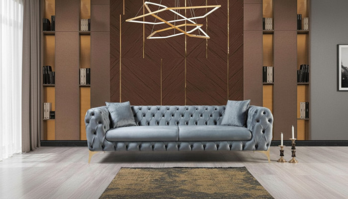 Moderno sofá de tres plazas Chesterfield mueble de acero inoxidable poliéster muebles de sala de estar