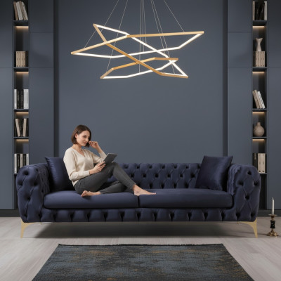 Sofá de lujo de tres plazas Chesterfield con patas de acero inoxidable azul, muebles de diseño nuevos.