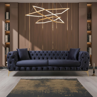 Sofá de lujo de tres plazas Chesterfield con patas de acero inoxidable azul, muebles de diseño nuevos.