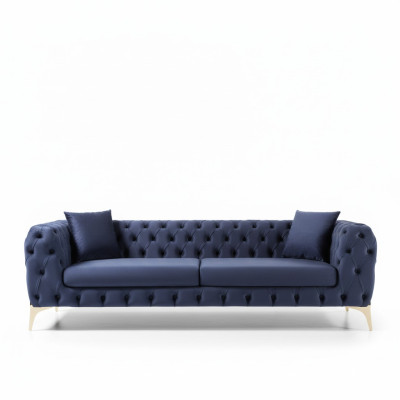 Sofá de lujo de tres plazas Chesterfield con patas de acero inoxidable azul, muebles de diseño nuevos.