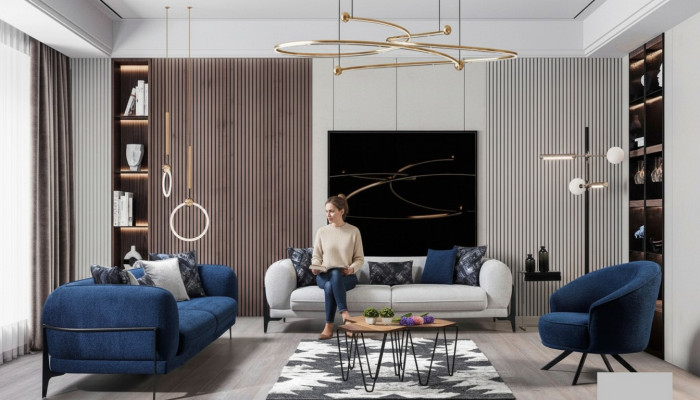 Conjunto de sofás de lujo moderno Sofás de tres plazas Sillón Azul Muebles tapizados de 3 piezas