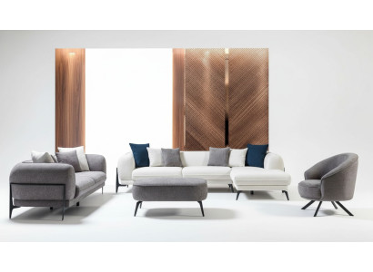 Conjunto de sofás modernos en forma de L con sofá esquinero de tres plazas y sillón. Muebles de tela. 