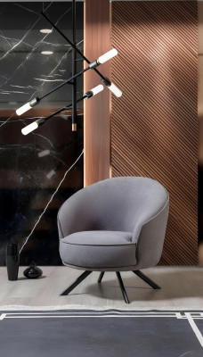 Moderno sillón gris con patas de acero inoxidable, sillón de tela de poliéster de una plaza.