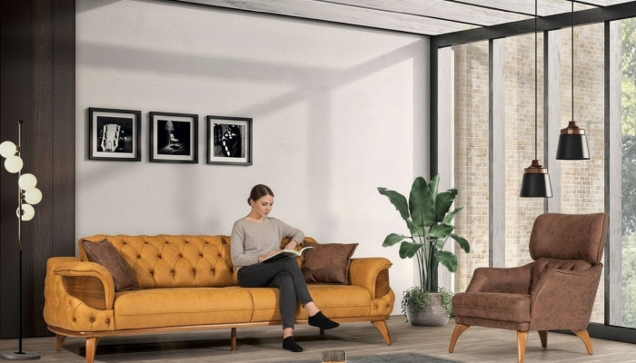 Conjunto de sofás Chesterfield modernos de tres plazas de lujo amarillos, 2 piezas