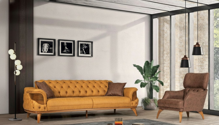 Conjunto de sofás Chesterfield modernos de tres plazas de lujo amarillos, 2 piezas