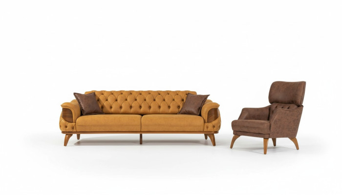 Conjunto de sofás Chesterfield modernos de tres plazas de lujo amarillos, 2 piezas