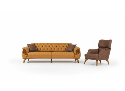 Conjunto de sofás Chesterfield modernos de tres plazas de lujo amarillos, 2 piezas